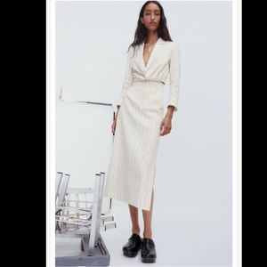 Zara 2 piece Striped Cropped Blazer with Side slit Midi Skirt